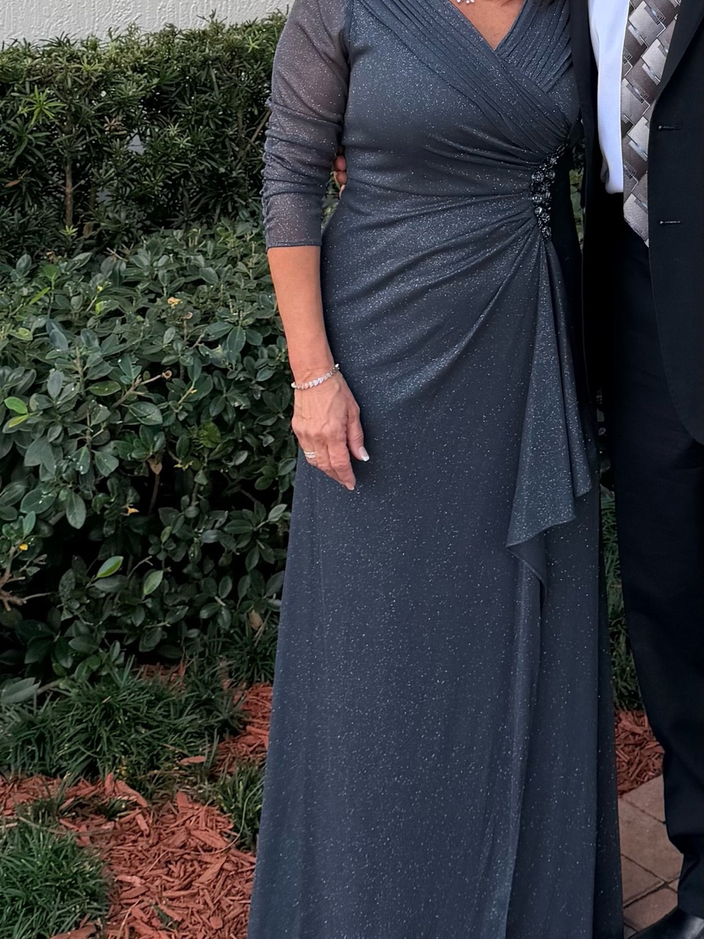 Alex Evenings Charcoal Sparkle Wrap-Front Long Sleeve Gown With Sheer Sleeves